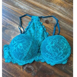 Victoria Secret PINK Date Racerback Bra Teal Blue‎ Floral Lace Front Clasp 34C